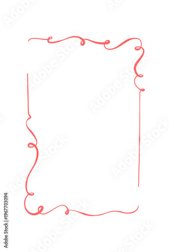 Romantic red ribbon frame with vintage feel. Vertical wavy border as simple rectangle outline. Hand drawn line decor set as cute invite element for wedding card or valentine menu and classic