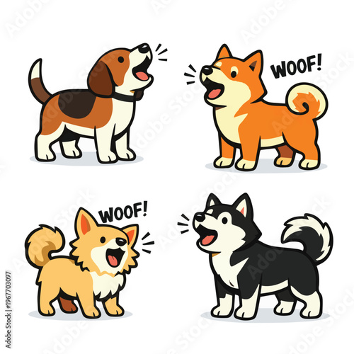 A playful vector set of four cute dogs of different breeds barking, featuring funny expressions and lively poses in a cheerful and adorable cartoon illustration style.
