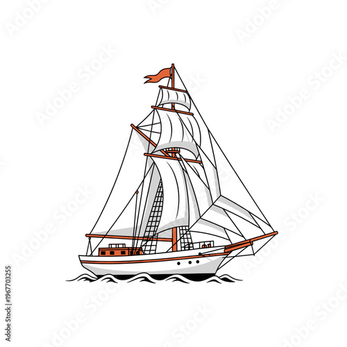 Sailing Ship with White Sails Minimal Line Art Ocean Travel and Freedom Concept Vector