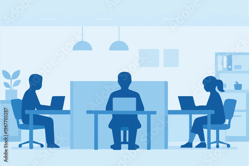 A vector illustration of several professional workers busy in an office, each with an open laptop, showing productivity, teamwork, and a dynamic modern workplace atmosphere.