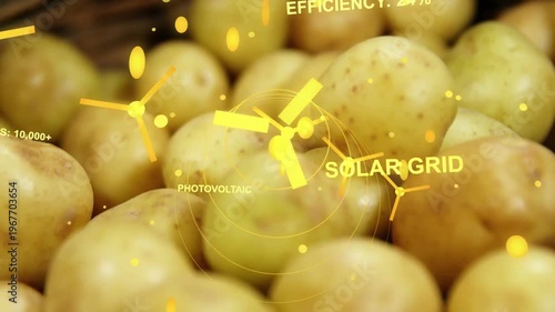 Woven basket of yellow potatoes, HUD fading in and rotating rotor showing solar grid efficiency