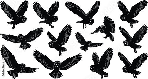 WebFlying owl silhouette set with barn owls in different flight poses, hunting wings spread, nocturnal bird of prey vector illustration,