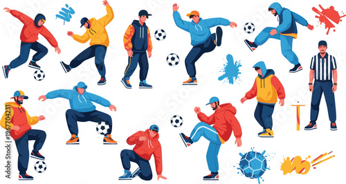 Street Soccer Players Set Featuring Freestyle Football Tricks Urban Style Athletes and Dynamic Action Poses Flat Vector Illustration Isolated on White Background