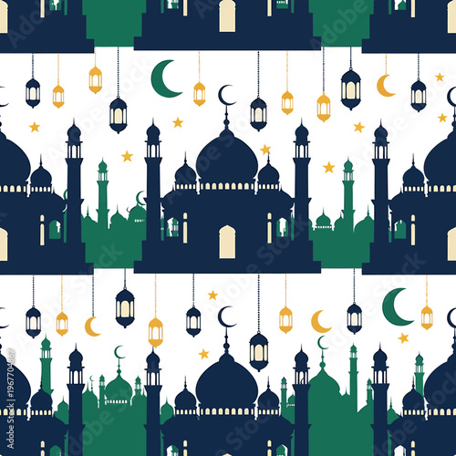 Islamic Mosque Pattern with Lanterns and Crescent Moons Design.