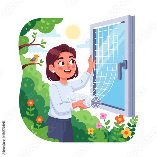 Woman installing mosquito net on window for insect protection in garden