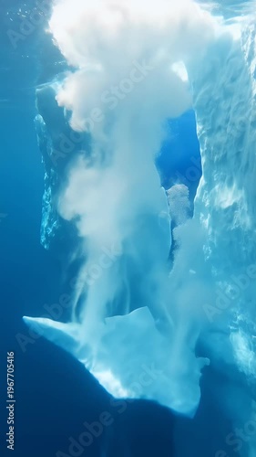 Underwater view of floating icebergs in cold arctic ocean water