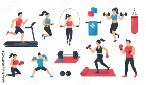 Fitness workout character set with men and women running lifting dumbbells boxing and training for gym and health design
