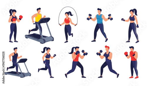 Workout and fitness illustration set with people training running boxing and lifting weights for active lifestyle and gym design