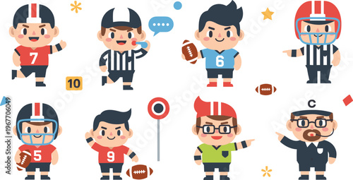 Cute American Football Player Cartoon Character Set with Referee Coach and Sports Elements Flat Vector Collection Isolated on White Background