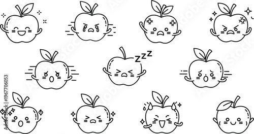 Cute Apple Character Emotions Outline Icon Set with Kawaii Fruit Faces Expressions Collection Isolated on White Background