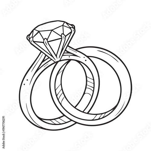 Coloring page line art illustration of intertwined wedding and engagement diamond rings in black and white