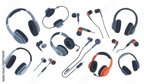 Audio headphones and earbuds collection in flat design with wireless and wired listening devices for music and app visuals