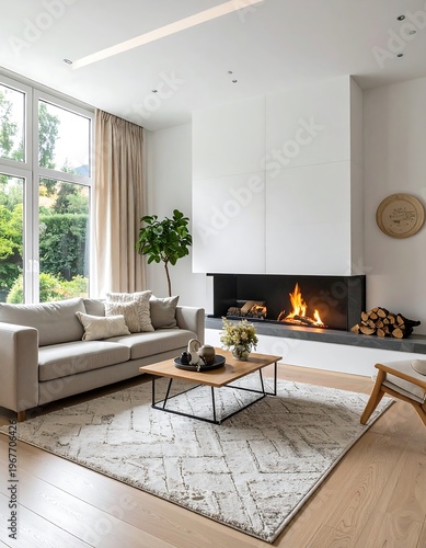 Modern living room with fireplace, couch, rug, and large windows