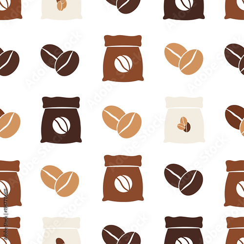Seamless Pattern of Coffee Beans and Coffee Bags in Various Shades.