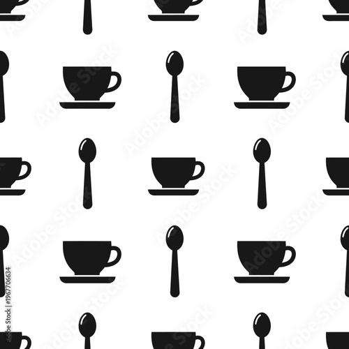 Seamless Pattern of Coffee Cups and Spoons in Black and White.