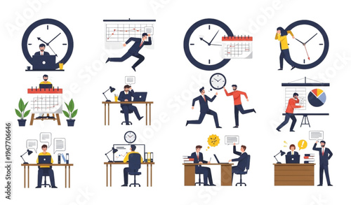 Deadline and time management scenes with stressed employees working overtime and rushing to meet tasks for business illustration