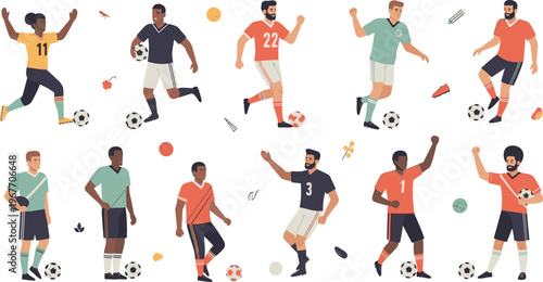 Flat Style Soccer Player Character Set with Diverse Football Athletes Poses, Action Movements and Sports Elements Isolated on White Background
