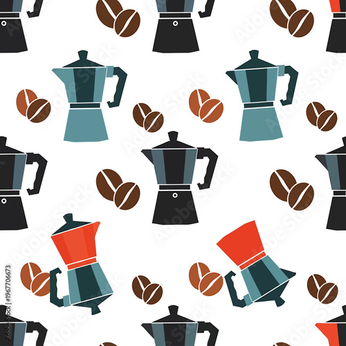 Seamless Pattern of Coffee Makers and Coffee Beans for Coffee Lovers.
