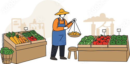 Market vendor weighing oranges at a vibrant vegetable stall on a sunny day
