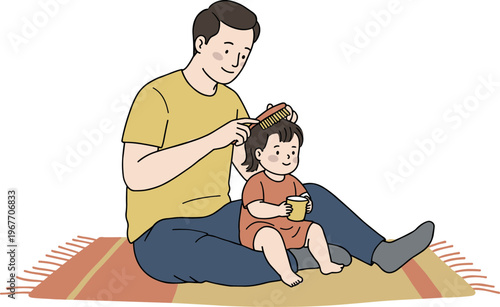 Father coms hair of child sitting on rug at home