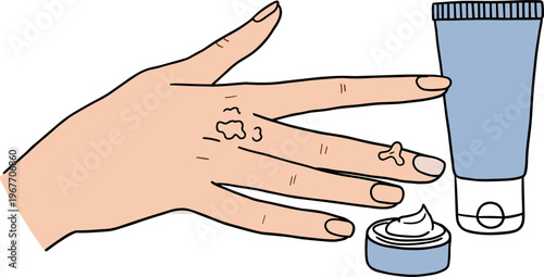 Hand applying cream with skincare products on a transparent background