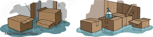 Flooded cardboard boxes in a basement with water accumulation and a bottle on top