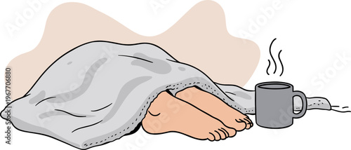 Cozy Feet Wrapped in a Blanket with a Cup of Warm Drink on a Soft Background