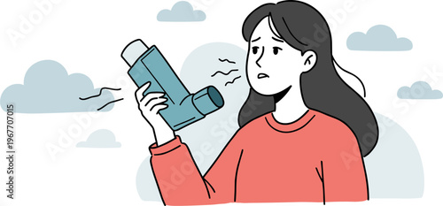 Woman holding inhaler with a worried expression in a hand-drawn style illustration