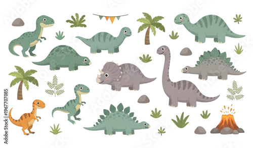 Cute cartoon dinosaur set with herbivore and predator species and prehistoric plants for kids nursery and education design