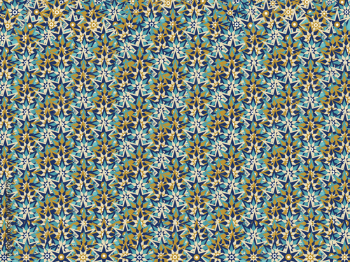 Seamless pattern with intricate geometric star shapes, vibrant mosaic style, rich navy blue, teal, mustard yellow, and cream colors, ideal for modern textile design, digital backgrounds,