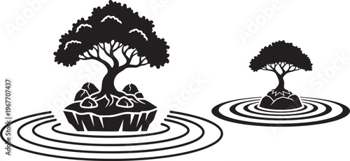 Silhouette Bonsai Trees on Rocks in Rippling Water Zen Garden Symbolism Minimalist Graphic