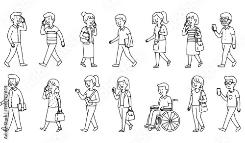 Diverse people doodle vector set walking and daily activities men women teenagers disabled isolated on white
