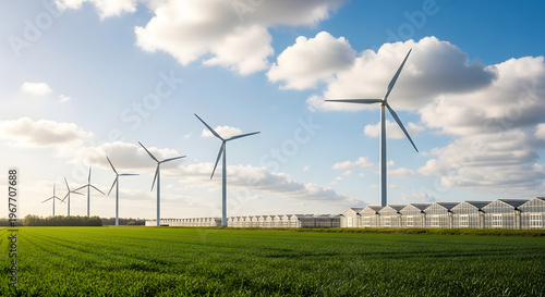 Wind turbines and greenhouses in a lush green field under a blue sky with clouds, renewable energy and sustainable farming concept