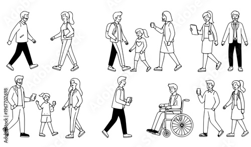 Doodle style diverse people vector set walking and interacting inclusive men women teenagers disabled isolated on white background