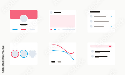 Hand-drawn minimalist user interface dashboard kit featuring pastel social media profile feed analytics graph notification widgets authentic illustration