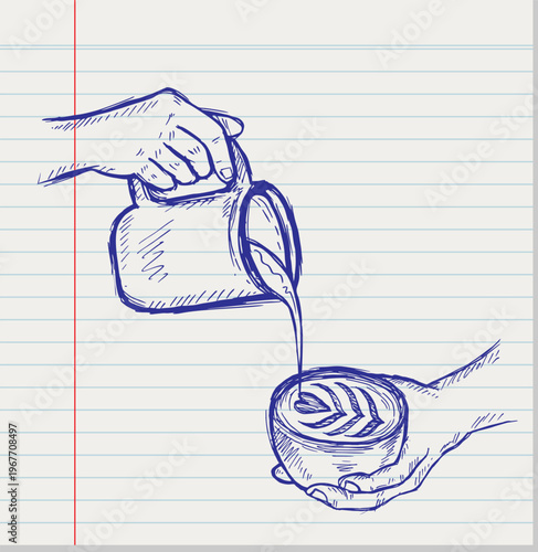 Barista hold cup and making latte or cappuccino art coffee with milk . Vector illustration