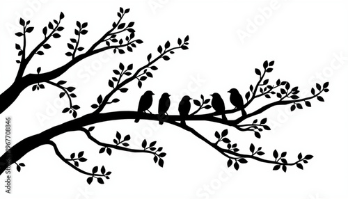 Birds on tree branch, black silhouette, vector illustration, nature icons