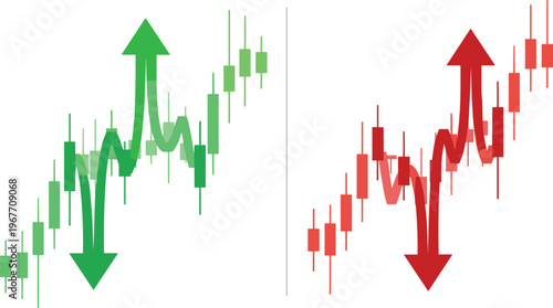 Stock Market Trend Illustration with Bullish and Bearish Candlestick Charts, Up and Down Arrows Financial Trading Concept Flat Vector Design