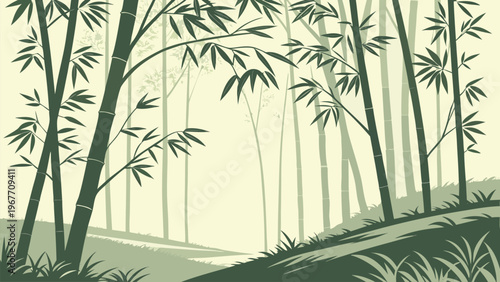 Tall bamboo trees in soft green tones, peaceful forest atmosphere, clean flat vector design, nature concept, ideal for eco and wellness themes.