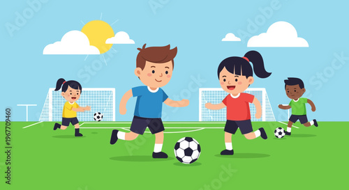 Children Playing Soccer on Green Field.
