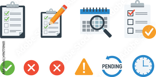 Task Management and Checklist Icon Set with Approval, Rejection, Calendar Review, Pending Status and Time Tracking Flat Vector Collection