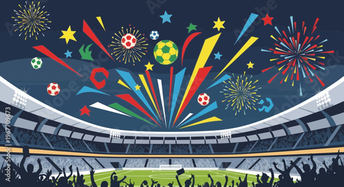 Colorful Fireworks Over Soccer Stadium.