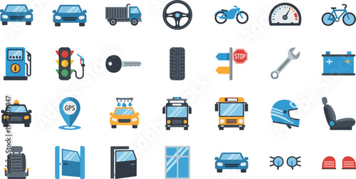 Transportation and Vehicle Parts Icon Set with Cars, Traffic Signals, GPS, Tools and Automotive Elements Flat Vector Collection Isolated on White Background
