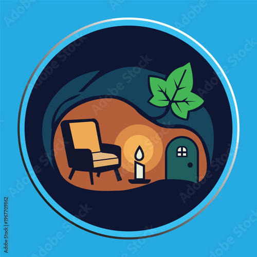 Cozy Minimalist Interior Illustration of a Tiny Underground Home with Armchair and Candle