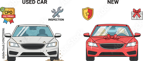 Used vs New Car Comparison Illustration with Pre Owned Vehicle Inspection, Warranty Shield and Gift Offer Automotive Purchase Concept Flat Vector