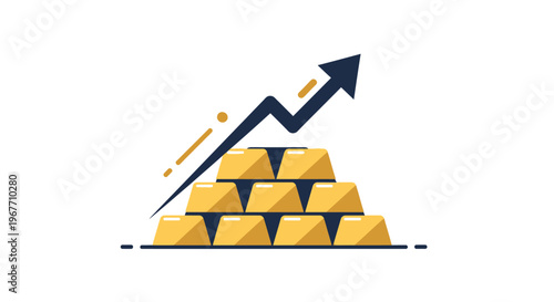 Golden bars with rising arrow graph. Vector Illustrations. EPS Editable
