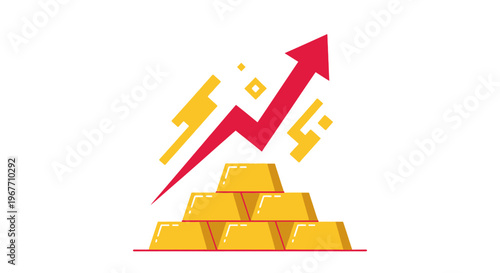 Golden bars with rising red arrow. Vector Illustrations. EPS Editable
