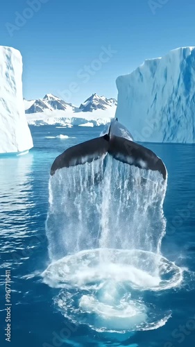 Whale Breaching Water Spraying Over Blue Ocean Icebergs
