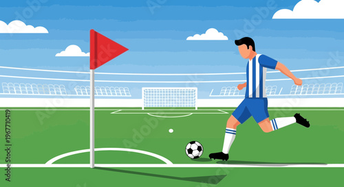 Man Kicking Soccer Ball on Field.