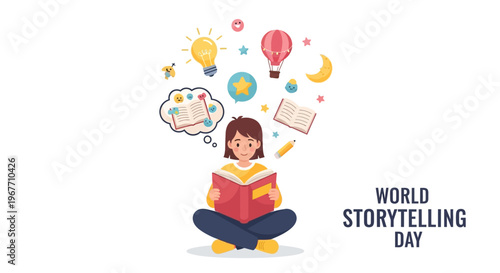 Girl Reading Book with Thought Bubbles. Vector Illustrations. EPS Editable